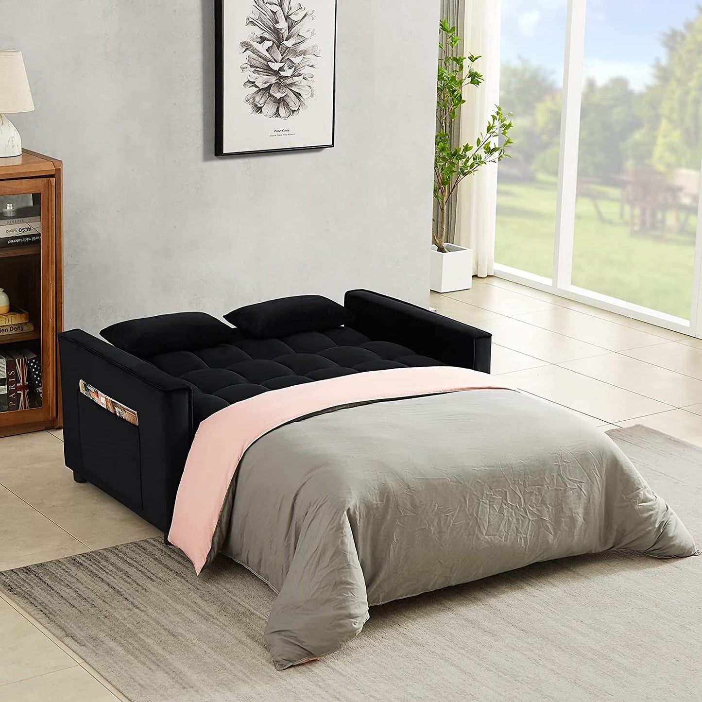 Modern Black Convertible Sofa Bed with Reclining Backrest
