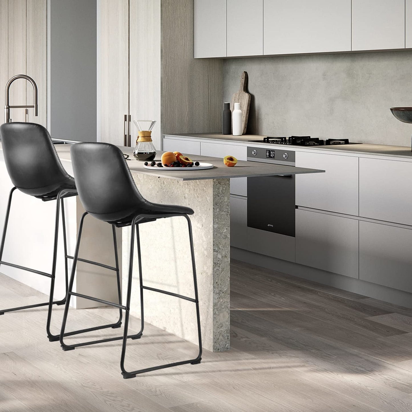 Industrial Grey PU Leather Bar Stools with Back (Set/2)