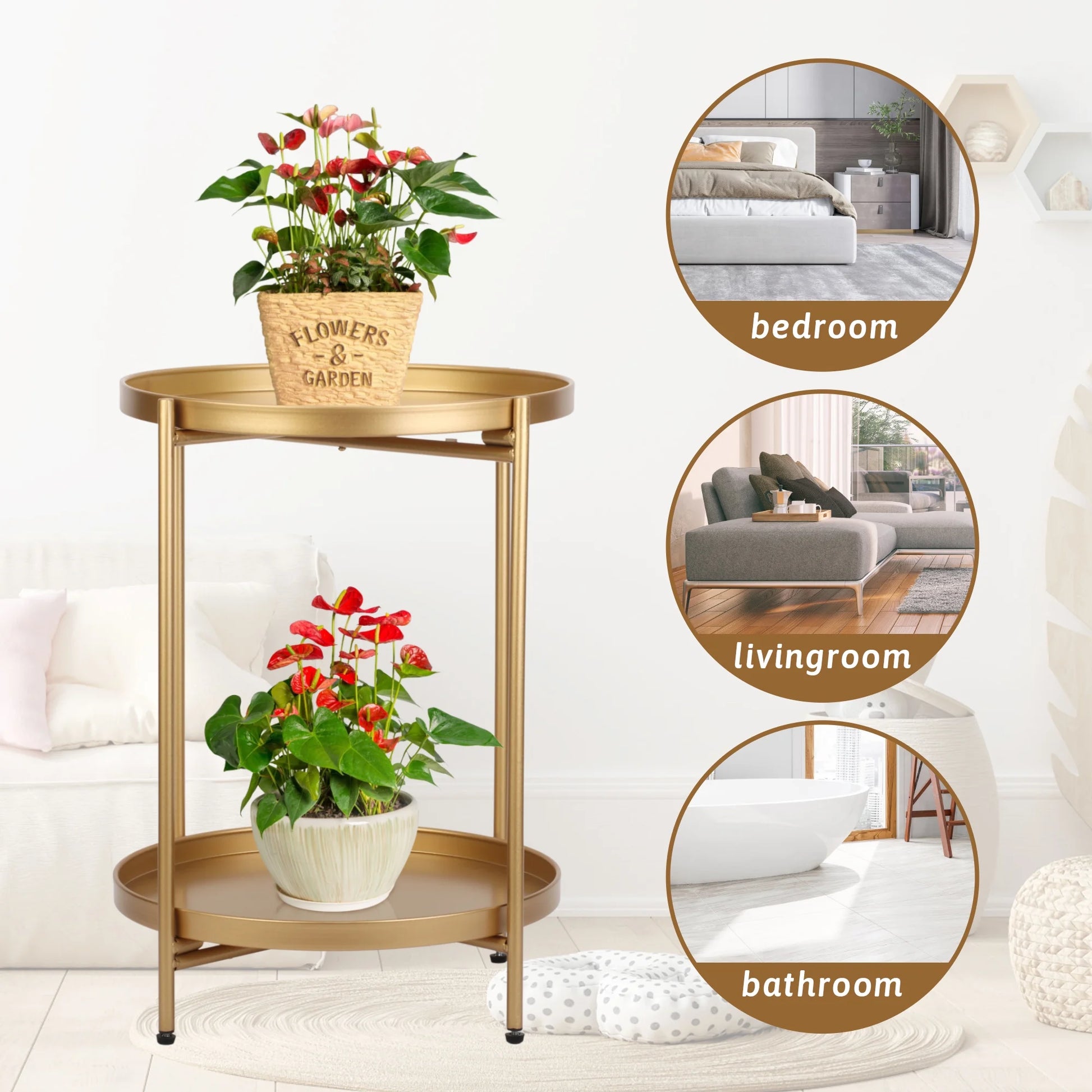 Metal End Table, 2 Tier Modern Gold Circle Side Table, 20.27"H Sofa Table Removable Tray, Coffee Table Indoor Outdoor