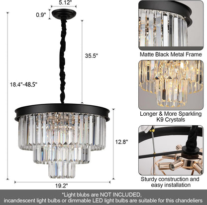 Black Crystal Chandeliers Modern round Chandeliers 20" Dimmable 9 Lights Ceiling Pendant Light Fixtures 3 Tiers Luxury Raindrop for Living Room Dining Room Bedroom Foyer