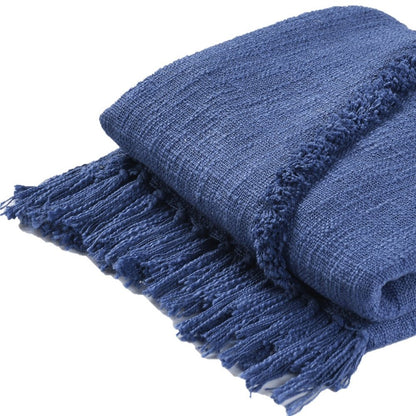 60" X 50" Blue Woven Cotton Throw Blanket with Fringe