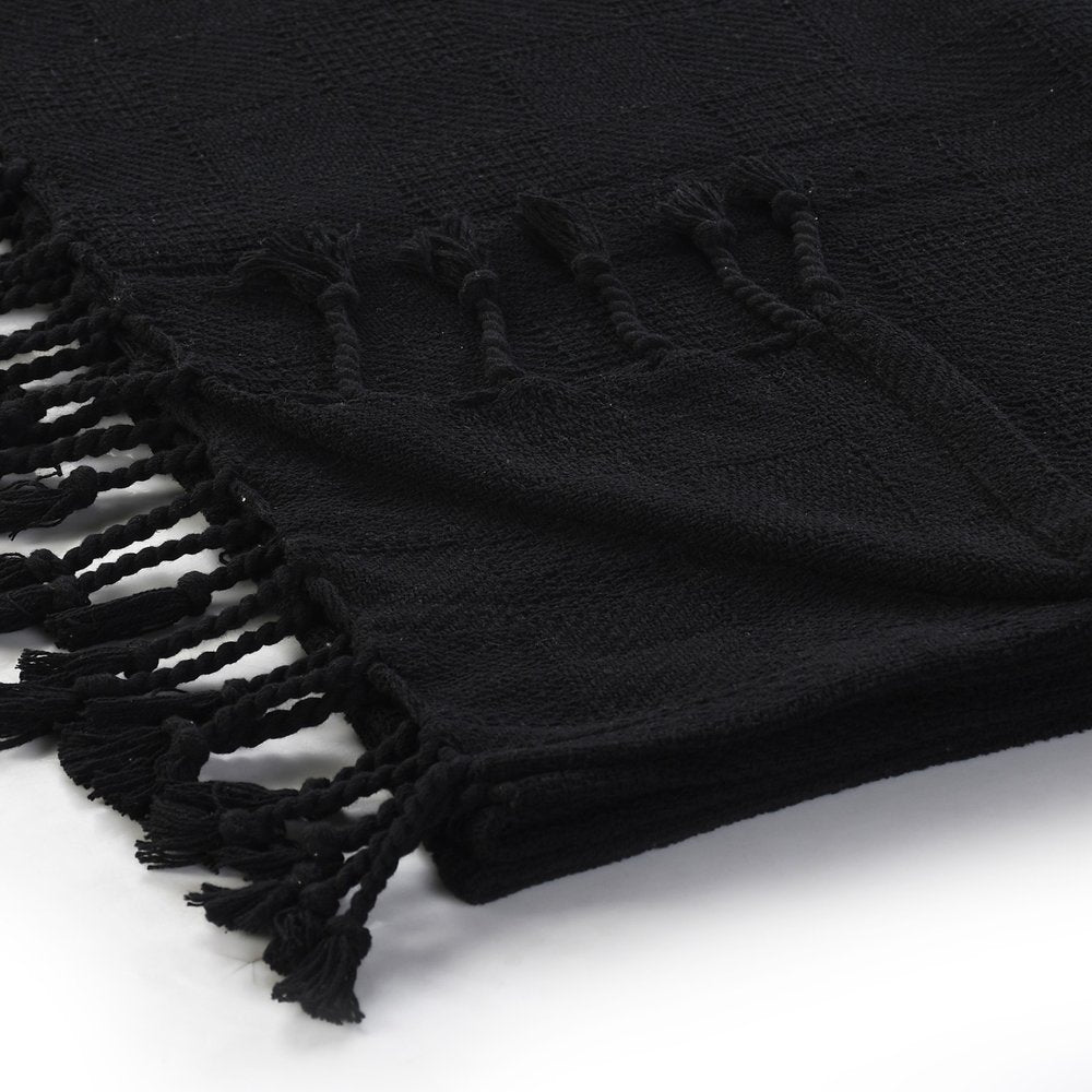 50" x 60" Black Woven Cotton Throw Blanket with Fringe