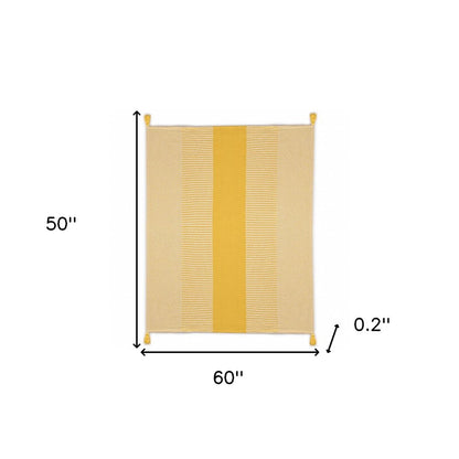 50" X 60" Yellow Woven Cotton Striped Throw Blanket with Tassels