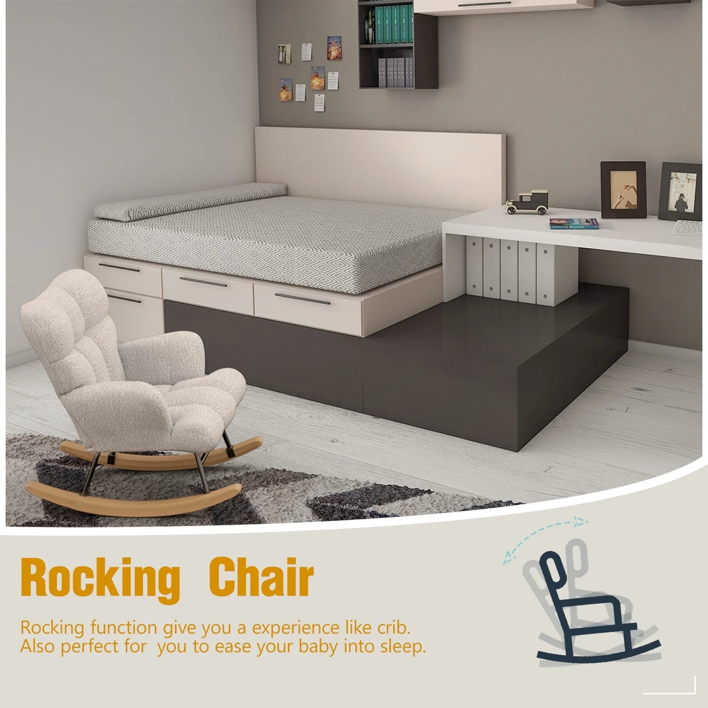 Glider Rocking Chair Nursery, Comfy Accent Chair Armchair with High Backrest Teddy Soft Upholstered Living Room Chairs for Reading Bedroom Living Room Home Office (Milky White)