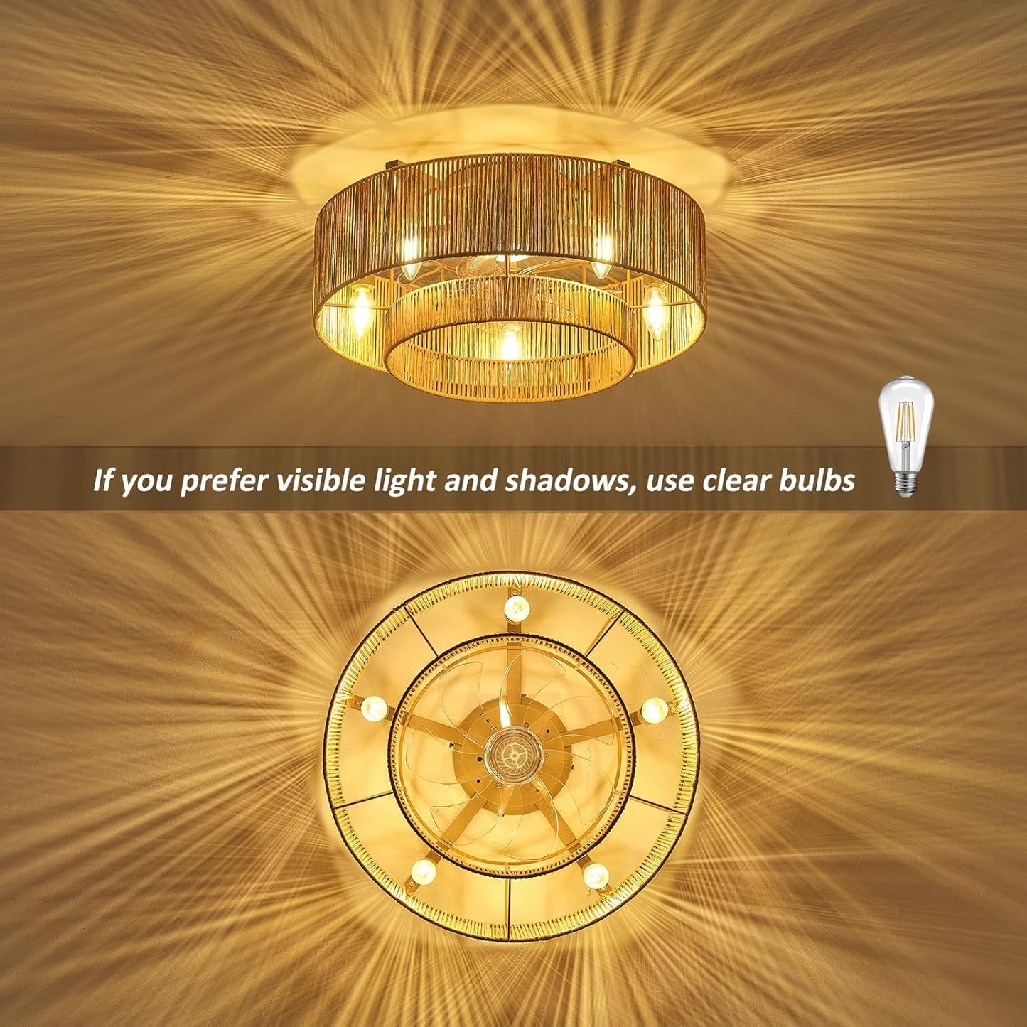 20 Inch Boho Caged Ceiling Fans with Lights Flush Mount, Layered