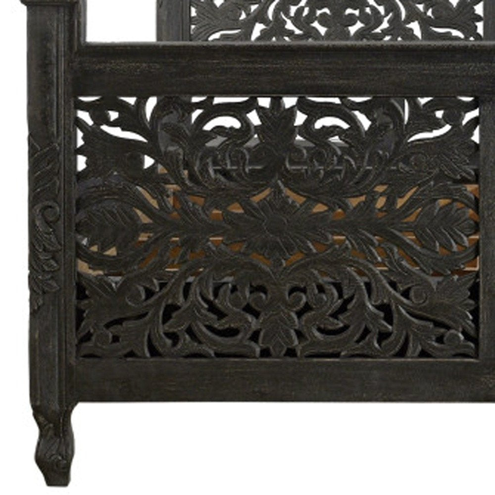 Black Carved Floral Distressed Solid Wood Queen Bed Frame