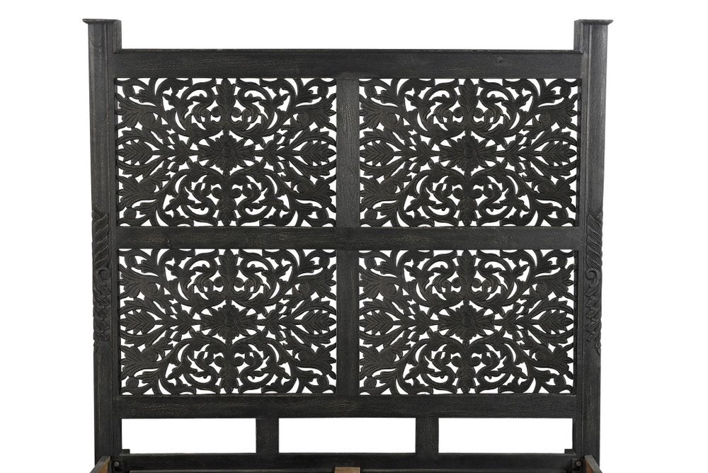 Black Carved Floral Distressed Solid Wood Queen Bed Frame