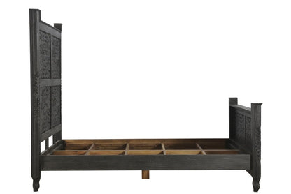 Black Carved Floral Distressed Solid Wood Queen Bed Frame