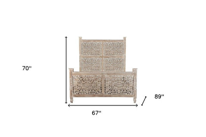 Gray Carved Floral Distressed Solid Wood Queen Bed Frame