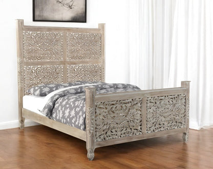 Gray Carved Floral Distressed Solid Wood Queen Bed Frame