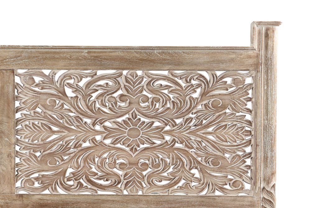 Gray Carved Floral Distressed Solid Wood Queen Bed Frame