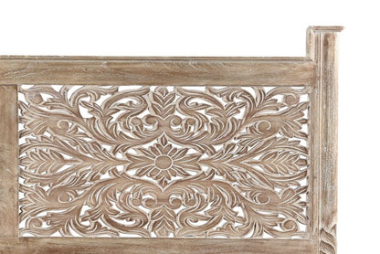 Gray Carved Floral Distressed Solid Wood Queen Bed Frame