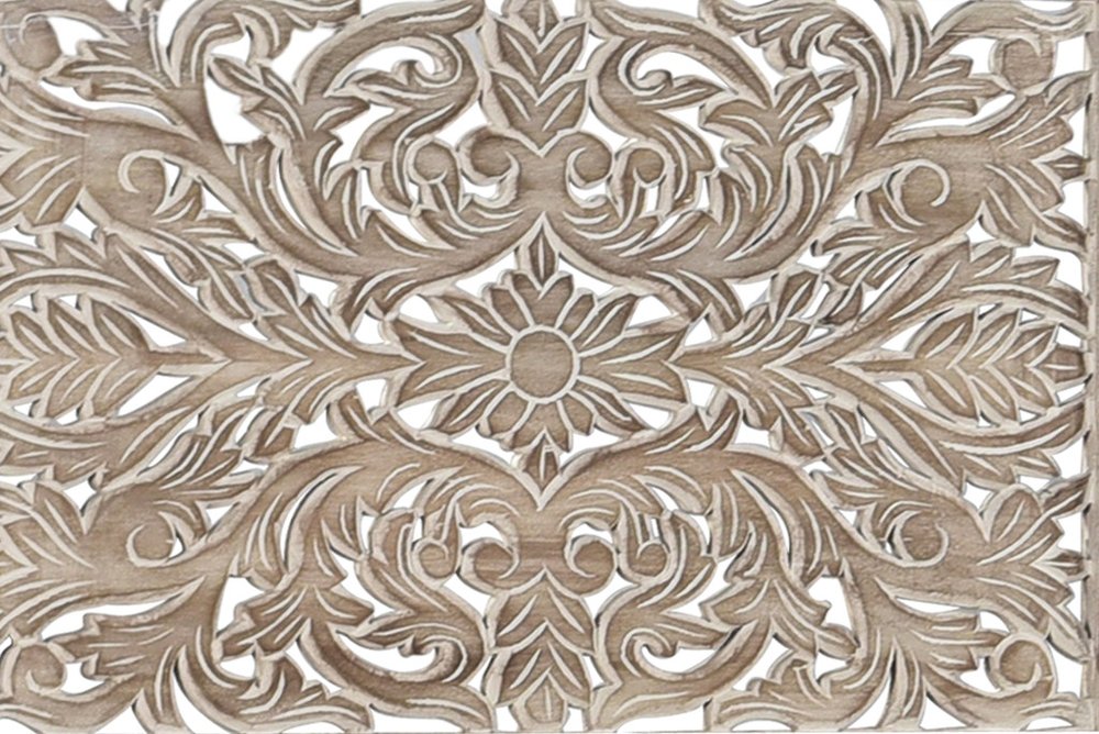 Gray Carved Floral Distressed Solid Wood Queen Bed Frame