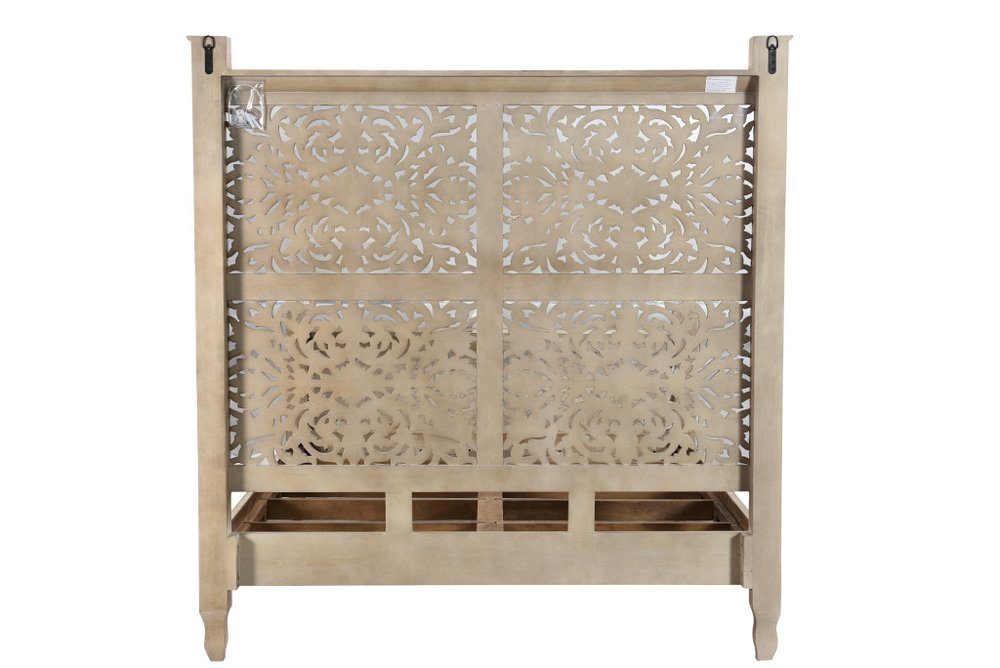 Gray Carved Floral Distressed Solid Wood Queen Bed Frame