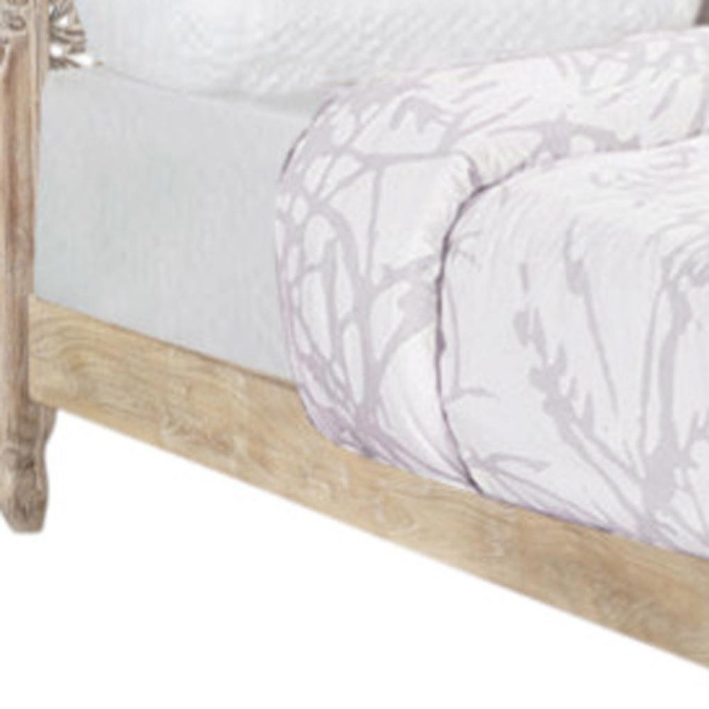 Gray Carved Floral Solid Wood King Bed Frame