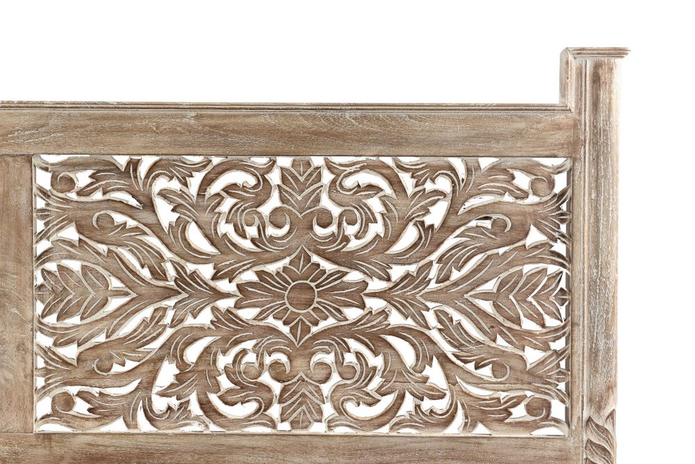 Gray Carved Floral Solid Wood King Bed Frame