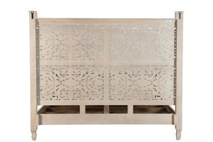 Gray Carved Floral Solid Wood King Bed Frame