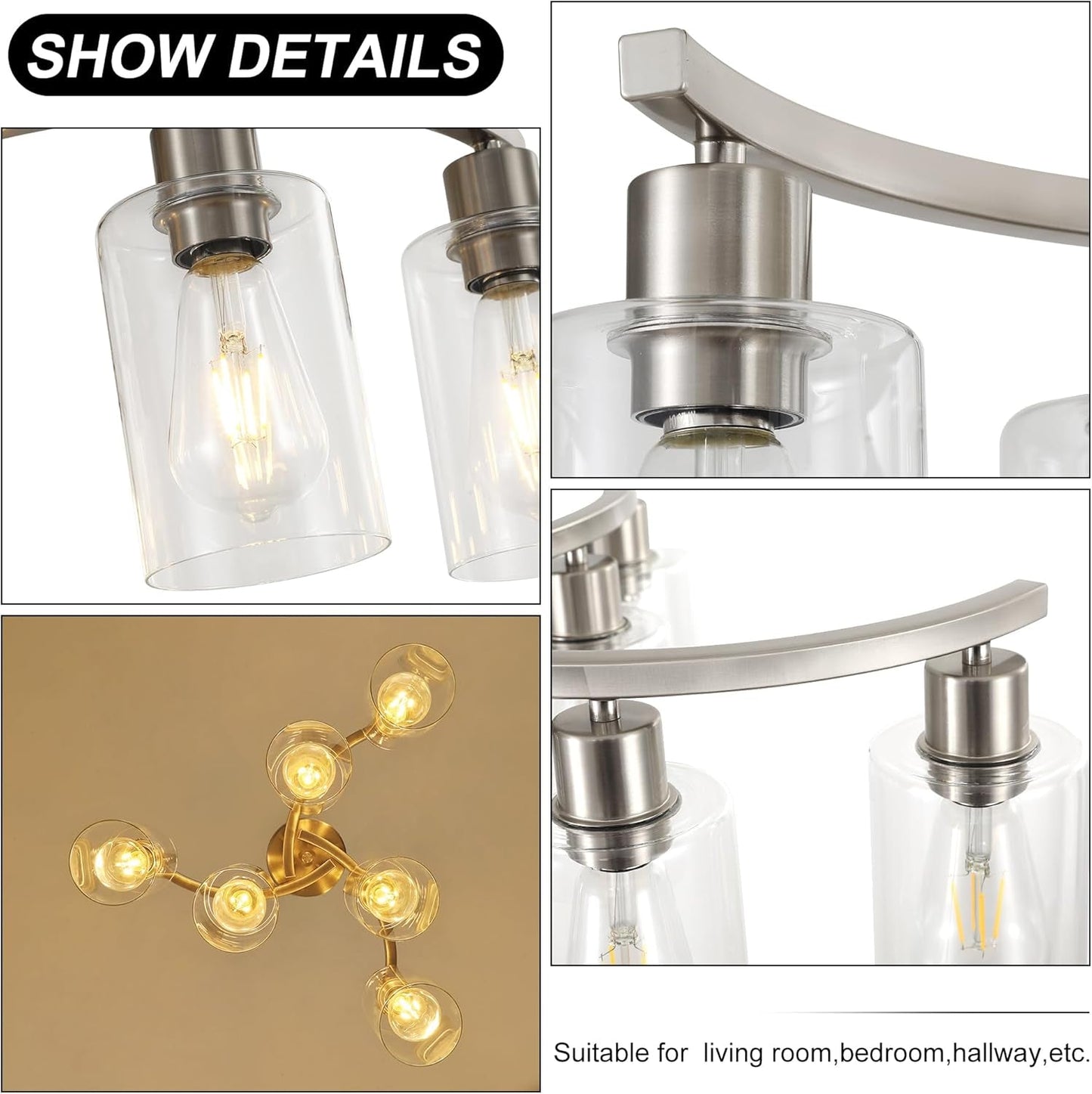 6-Light Brushed Nickel Chandeliers for Dining Room Light Fixtures over