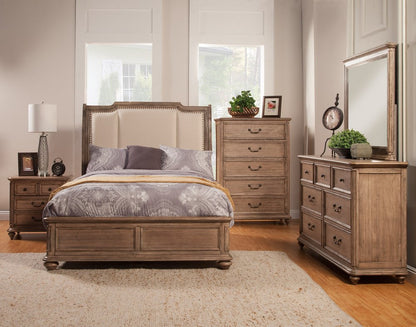 Brown and Beige Distressed Solid Wood And Faux Leather Queen Bed Frame with Nailhead Trim