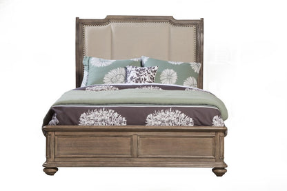 Brown and Beige Distressed Solid Wood And Faux Leather Queen Bed Frame with Nailhead Trim