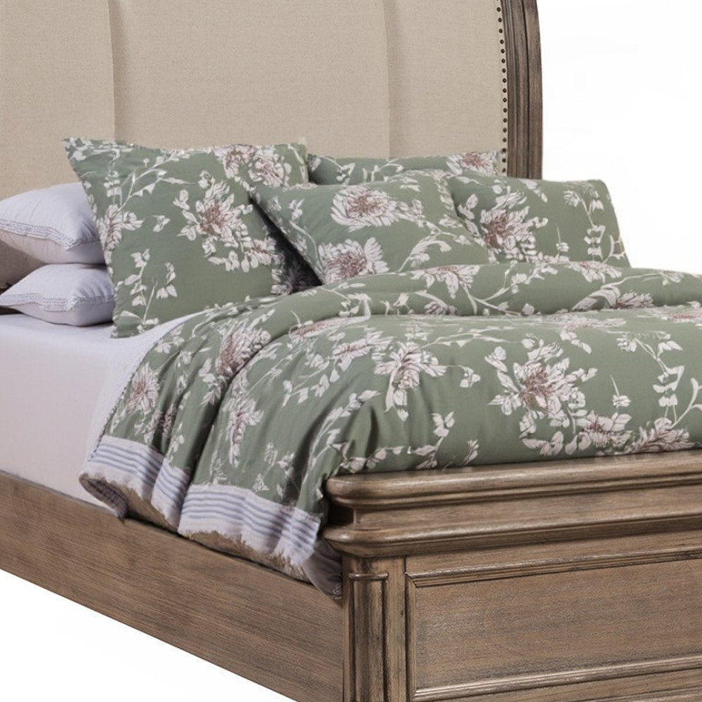 Brown and Beige Distressed Solid Wood And Faux Leather Queen Bed Frame with Nailhead Trim