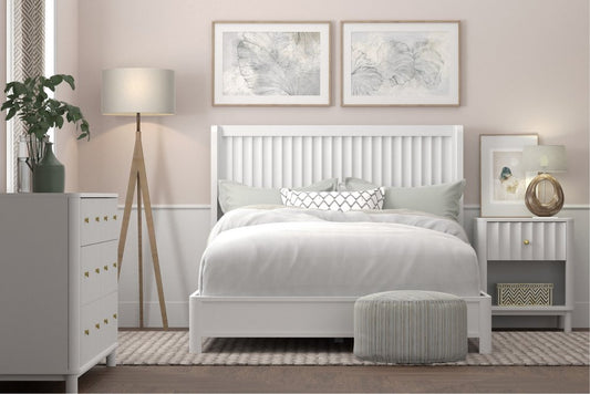 White Ribbed Texture Solid Wood Queen Bed Frame