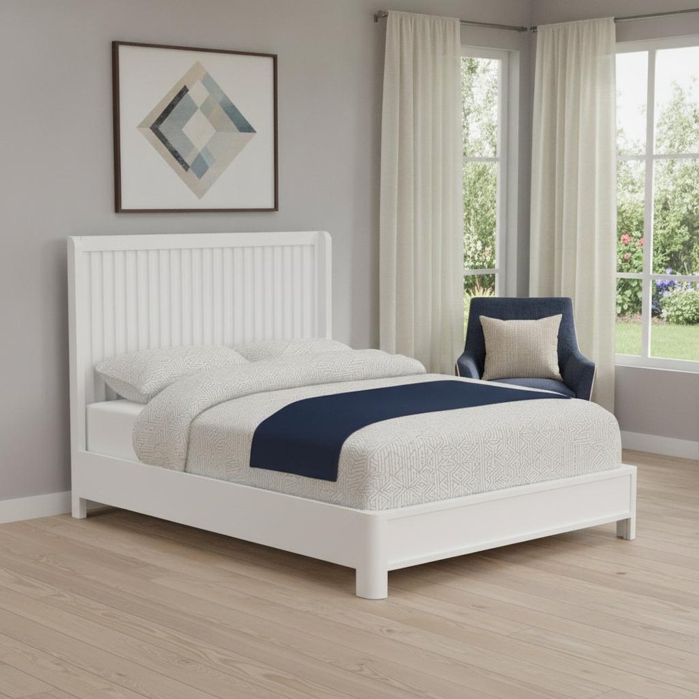 White Ribbed Texture Solid Wood Queen Bed Frame