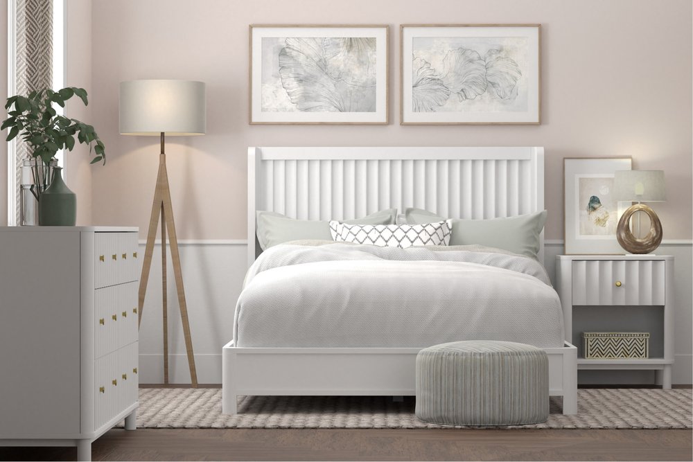 White Ribbed Texture Solid Wood California King Bed Frame