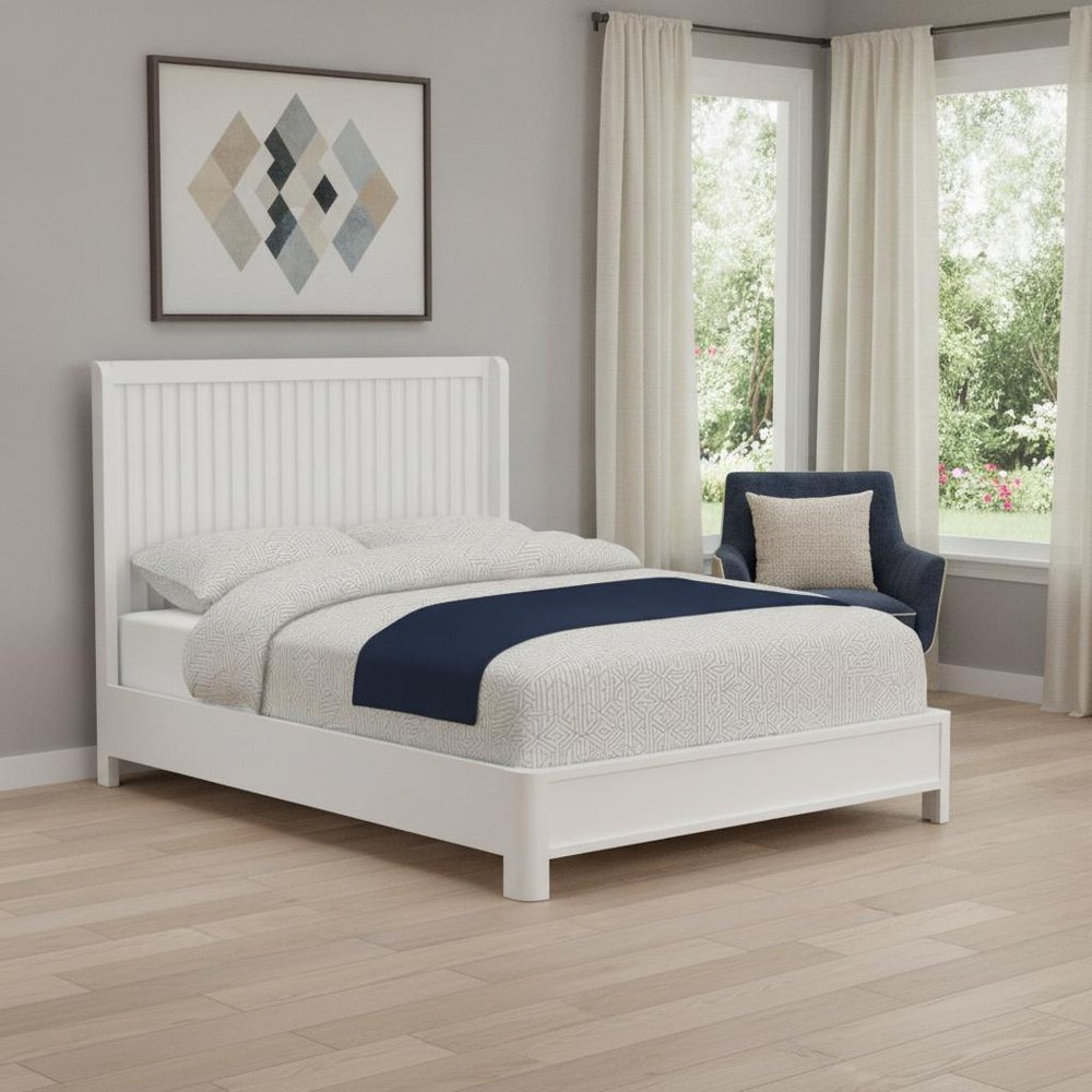 White Ribbed Texture Solid Wood California King Bed Frame