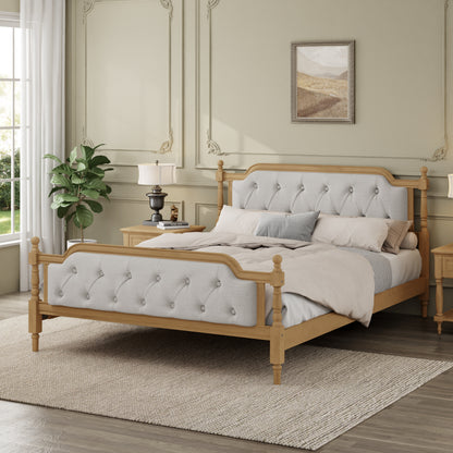 Traditional Solid Wood Bed Frame with Upholstered Tufted Headboard, No Box Spring Needed