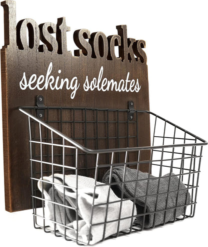 Cutout Letters Lost Socks - Laundry Room Organization, Farmhouse Laundry Room Decor and Accessories - House Decor Rustic Wooden Laundry Sign Wall Decor with Attached Basket - Black