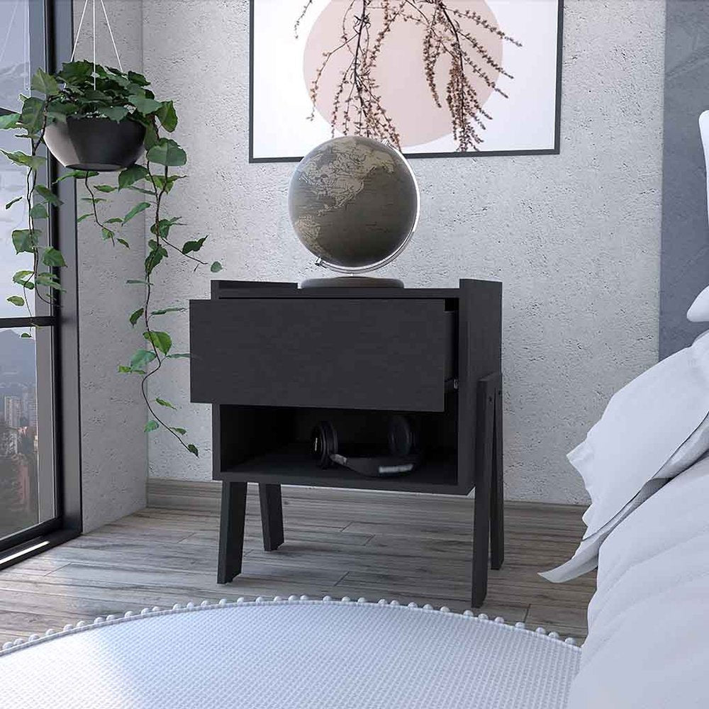 22" Black Wood One Drawer Nightstand