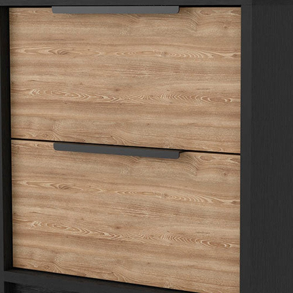 19" Black And Natural Wood Two Drawer Nightstand