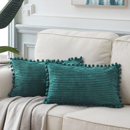 Fancy Homi Dark Gray Decorative Throw Pillow Covers 18X18 Inch with Pom Poms, Boho Farmhouse Home Decor, Soft Corduroy Accent Square Cushion Case for Living Room Couch Bed Sofa 45X45 Cm