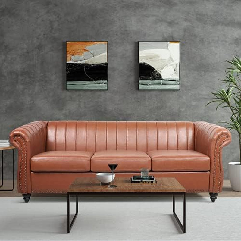 FAMIROSA Chesterfield Sofa, 3 Seater Sofa PU Leather with Rolled Arm Studded Decoration Rotating Solid Wood Legs Couches for Living (Bronze)