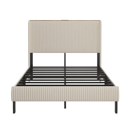 Beige Metal & Wood Full Size Platform Bed Frame with Charging Station and Noise-Free Design