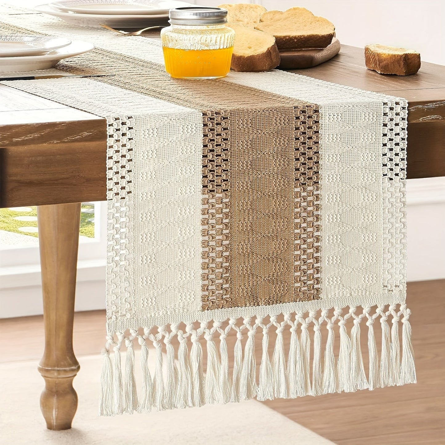 Bohemian Crochet Table Runner with Tassels  CreamBrown