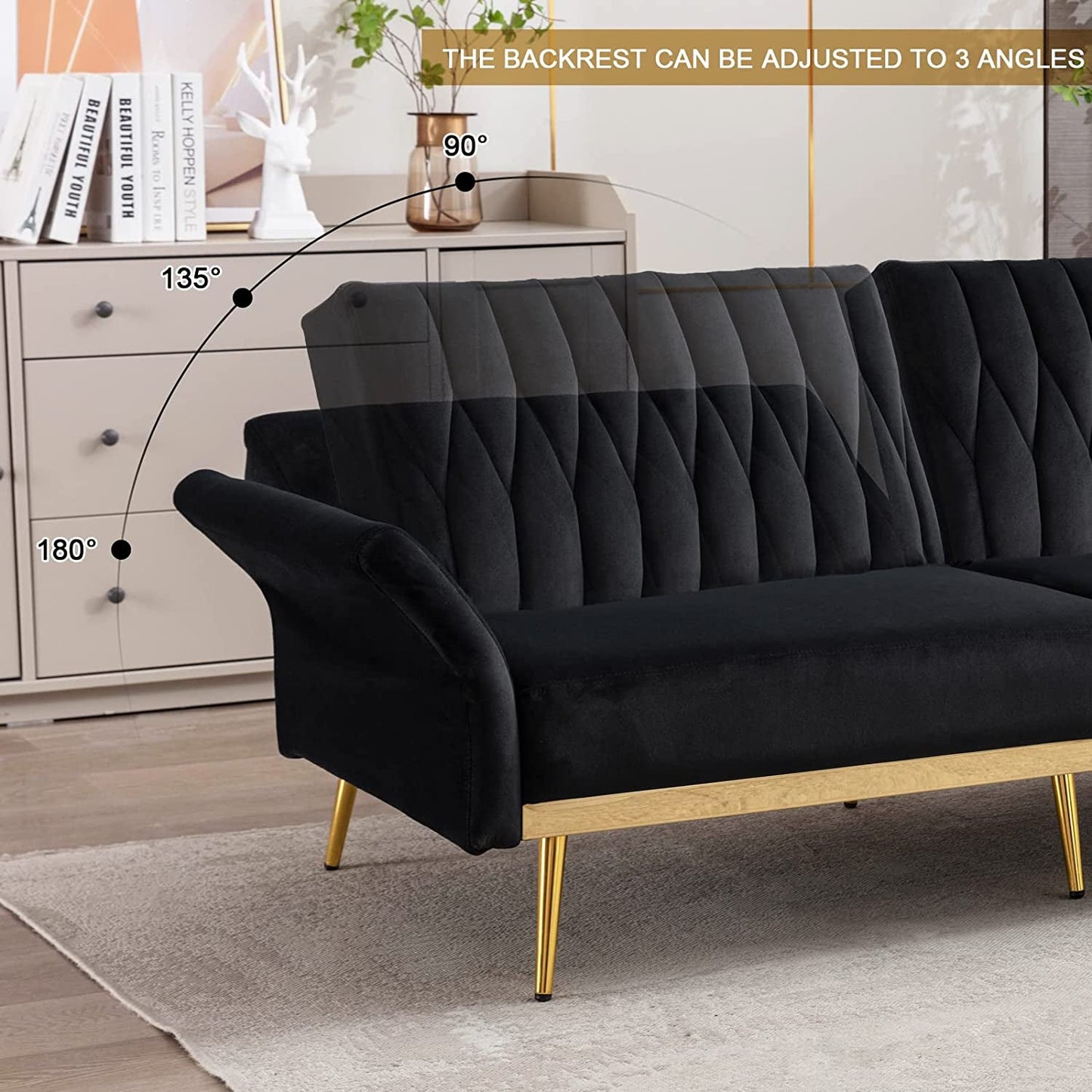Black Velvet Convertible Sofa Bed with Metal Legs