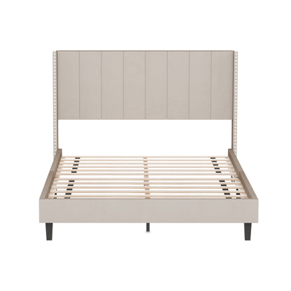 Queen Bed Frame/Velvet Upholstered Bed Frame with Vertical Channel