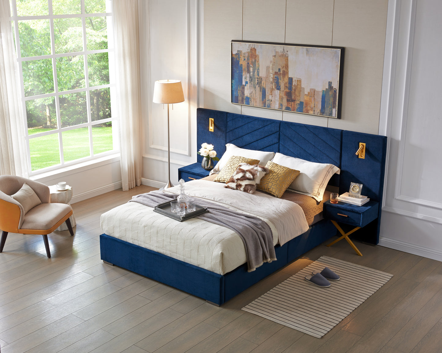 Queen Size Velvet Bed Frame/Vertical Channel Tufted Wingback Headboard/Upholstered Platform Bed/Strong Wooden Slats/No Box Spring Needed/Easy Assembly