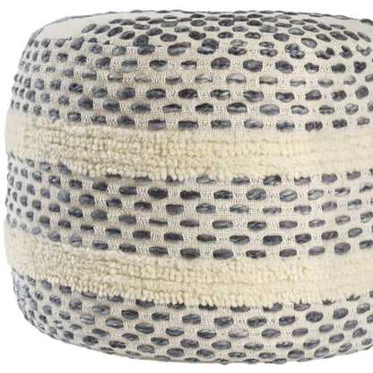 18" Ivory And Brown Cotton Blend Round Striped Pouf Ottoman