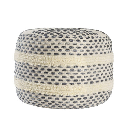 18" Ivory And Brown Cotton Blend Round Striped Pouf Ottoman