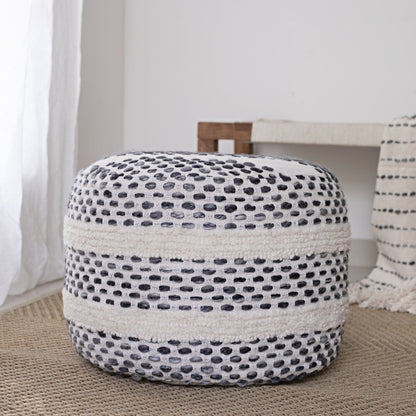 18" Ivory And Brown Cotton Blend Round Striped Pouf Ottoman
