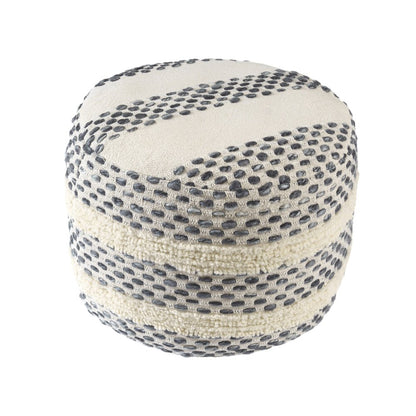 18" Ivory And Brown Cotton Blend Round Striped Pouf Ottoman