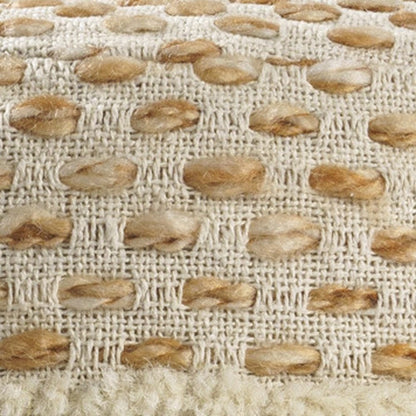 18" Ivory And Brown Cotton Blend Round Striped Pouf Ottoman