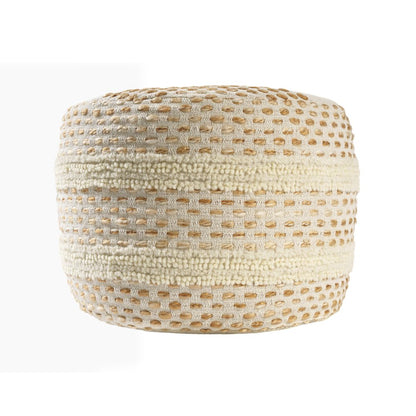 18" Ivory And Brown Cotton Blend Round Striped Pouf Ottoman