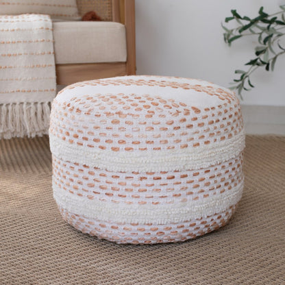 18" Ivory And Brown Cotton Blend Round Striped Pouf Ottoman