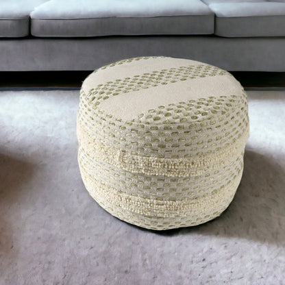 18" Ivory And Brown Cotton Blend Round Striped Pouf Ottoman