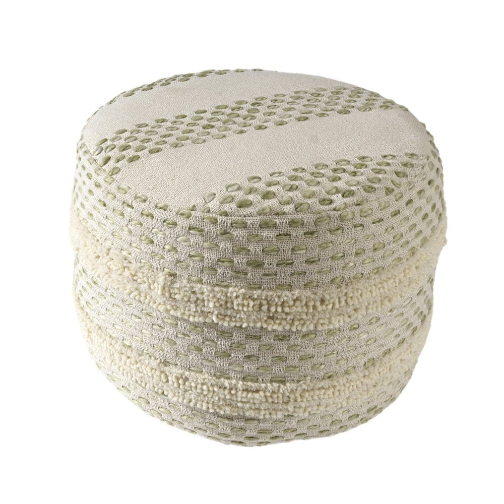 18" Ivory And Brown Cotton Blend Round Striped Pouf Ottoman