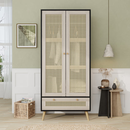 Boho Wooden Armoire Wardrobe Closet with Rattan Doors & Drawer, Natural+Black, 70.8' Tall